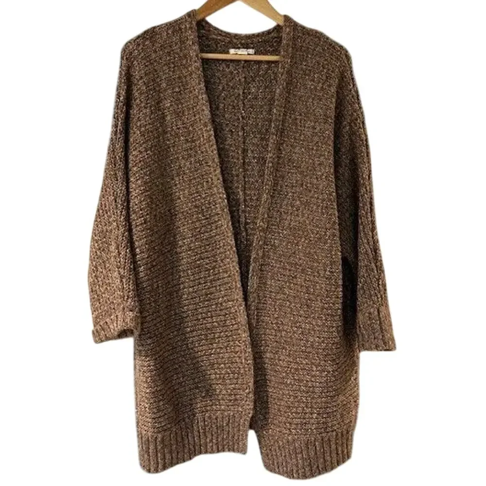 AMERICAN EAGLE Women's Open Cardigan Sweater Medium Long Chunky Brown Grandpa - Picture 2 of 12